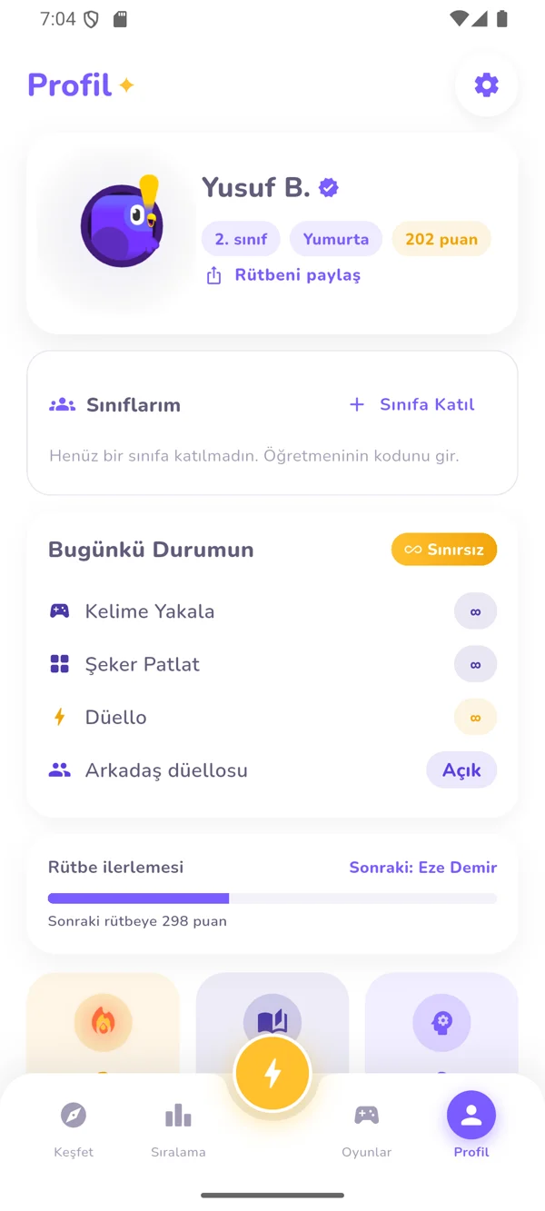 Öğrenci profili — rütbe ve ilerleme